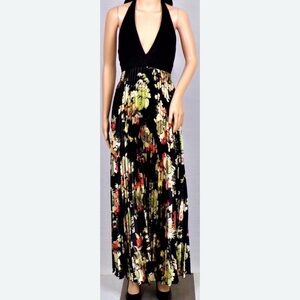 NWT Betsy & Adam by Linda Bernell, Floral Pleated Halter Neck Full Length Dress